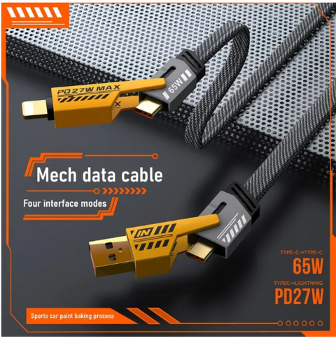 4 In 1 Data Cable Pack Of 2 – Usb-c & Lightning Connectors, Braided Durable Design, Fast Charging & Data Transfer, Black With Yellow Connectors
