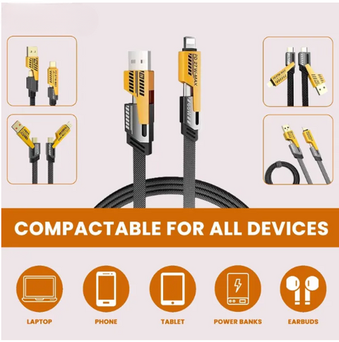 4 In 1 Data Cable Pack Of 2 – Usb-c & Lightning Connectors, Braided Durable Design, Fast Charging & Data Transfer, Black With Yellow Connectors