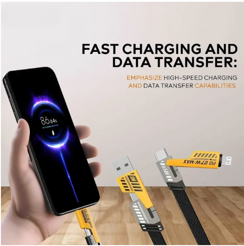 4 In 1 Data Cable Pack Of 2 – Usb-c & Lightning Connectors, Braided Durable Design, Fast Charging & Data Transfer, Black With Yellow Connectors