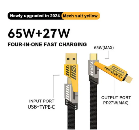 4 In 1 Data Cable Pack Of 2 – Usb-c & Lightning Connectors, Braided Durable Design, Fast Charging & Data Transfer, Black With Yellow Connectors