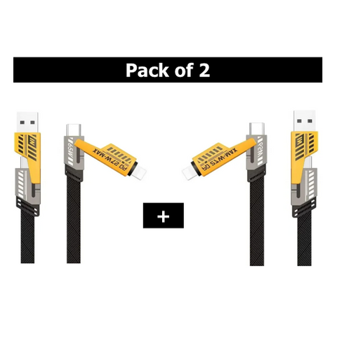 4 In 1 Data Cable Pack Of 2 – Usb-c & Lightning Connectors, Braided Durable Design, Fast Charging & Data Transfer, Black With Yellow Connectors